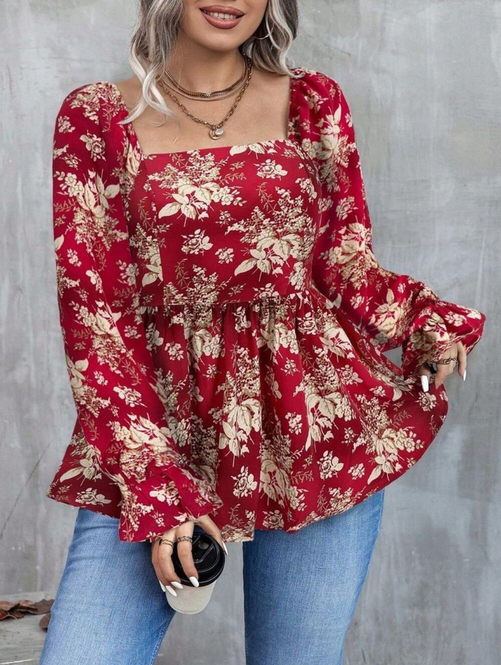 Women's Size 1X Floral Print Blouse Red Fall Autumn